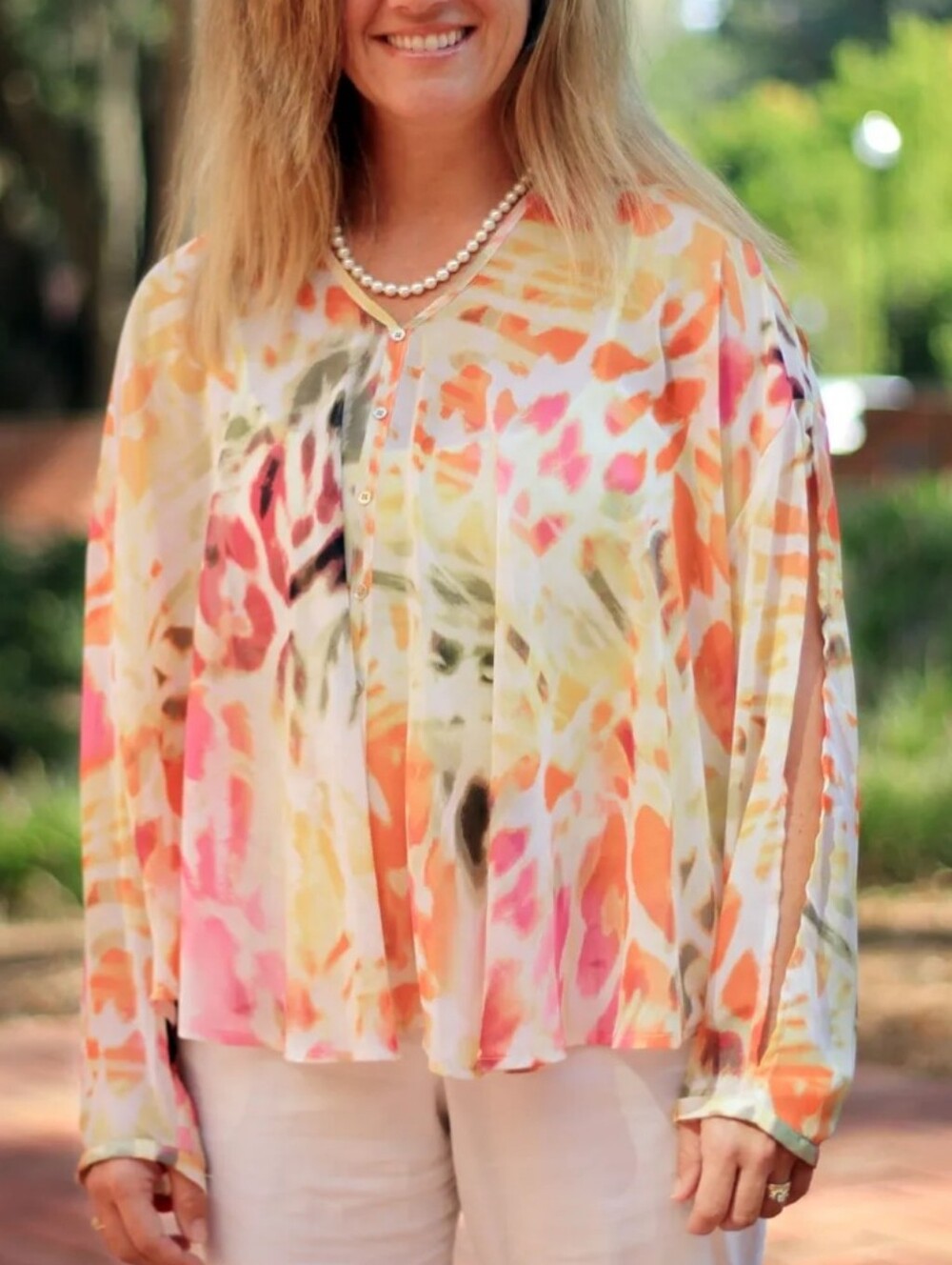 Jennifer Lopez Cold Shoulder Open Sleeve Colorful Abstract Button Front Blouse